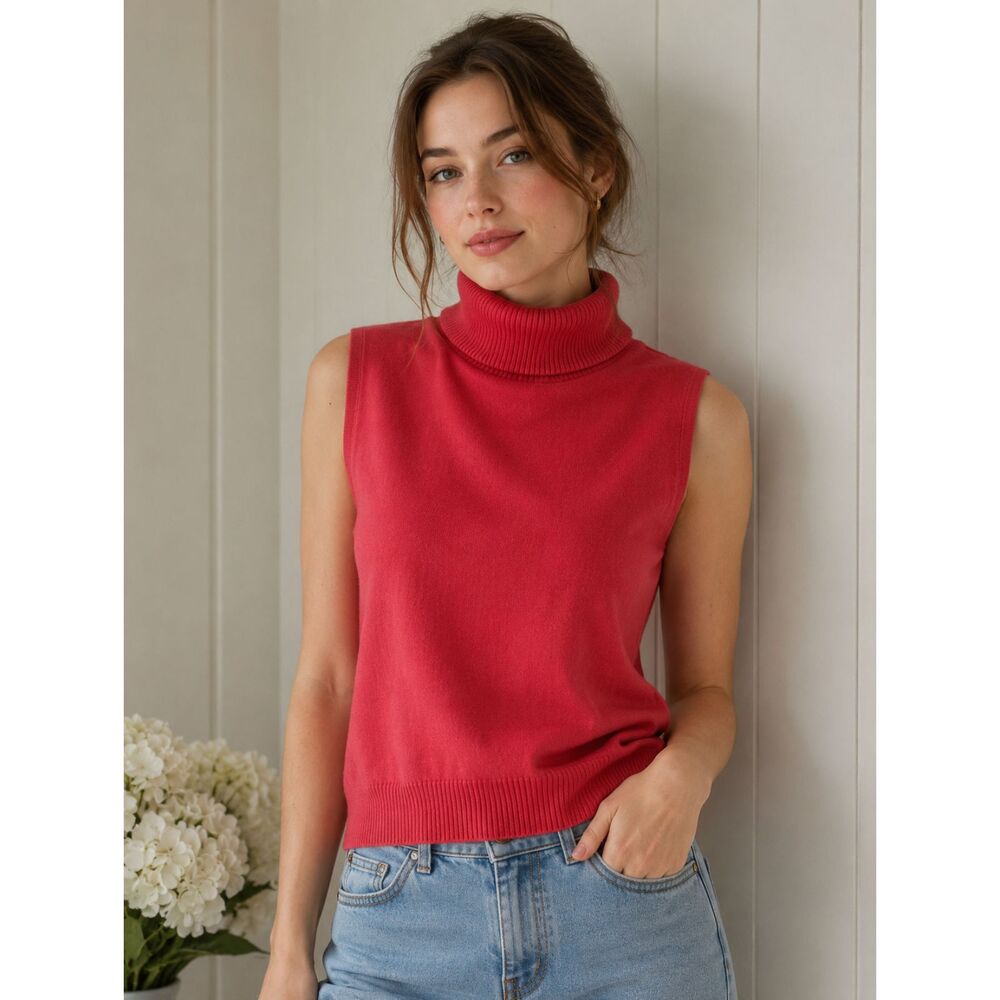 Cable & Gauge Sleeveless Turtleneck Knit Top in Cherry Red Medium